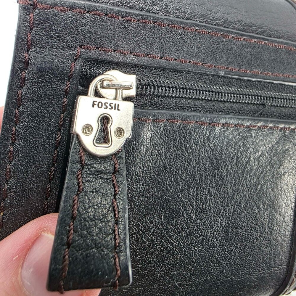 Fossil Maddox Black Pebbled Leather Trifold Wallet Keyhole Lock Hardware Vintage - Picture 3 of 8